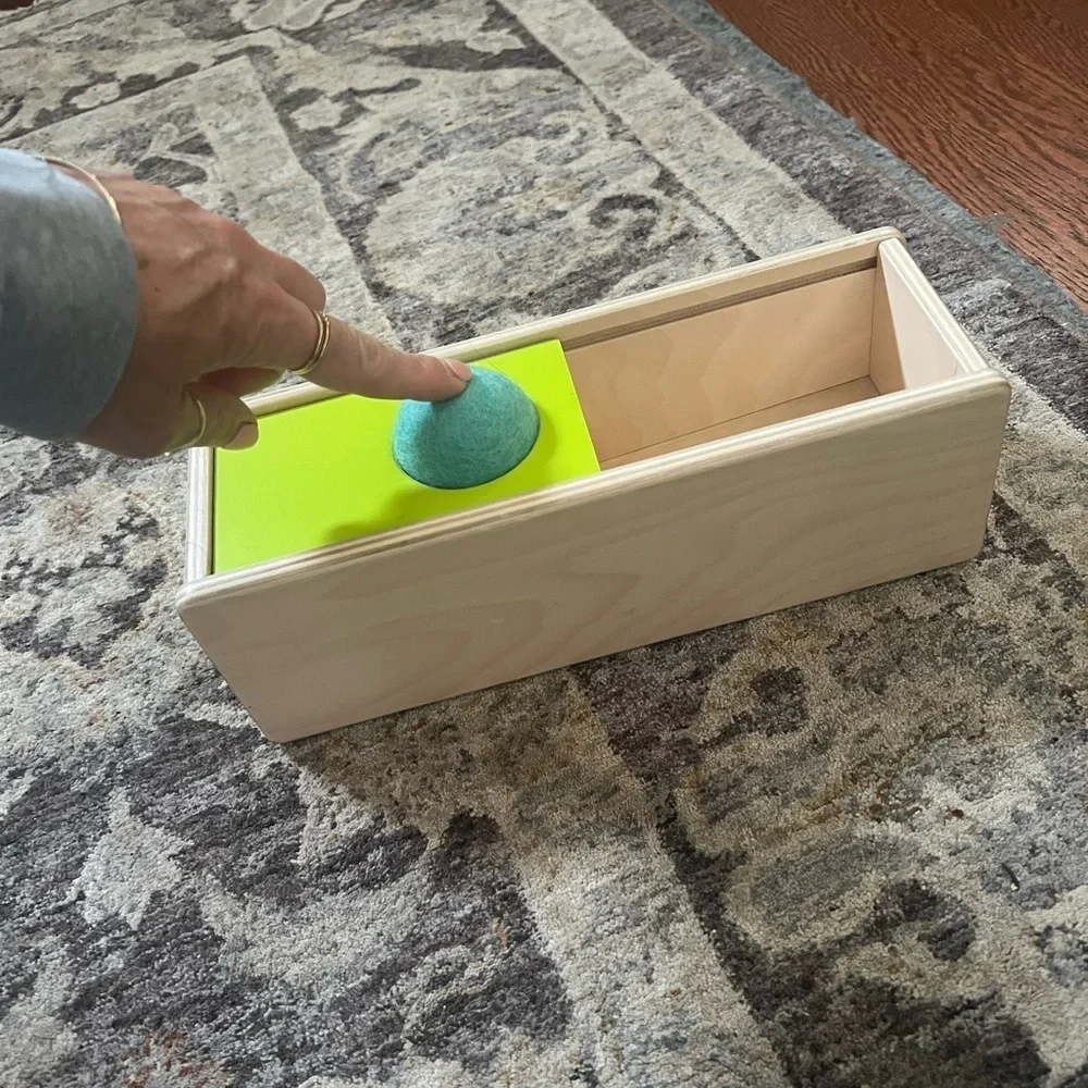 Lovevery Sliding Top Wooden Box With Teal Felt Ball Object Permance